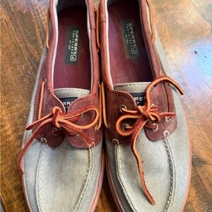 Sperry Two-Tone Canvas & Suede Boat Shoes in Gray and Brown/Red Accents